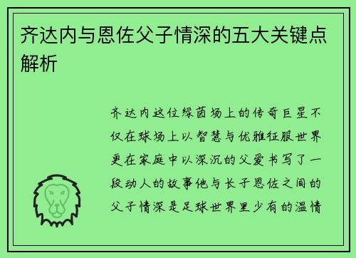 齐达内与恩佐父子情深的五大关键点解析