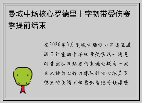 曼城中场核心罗德里十字韧带受伤赛季提前结束