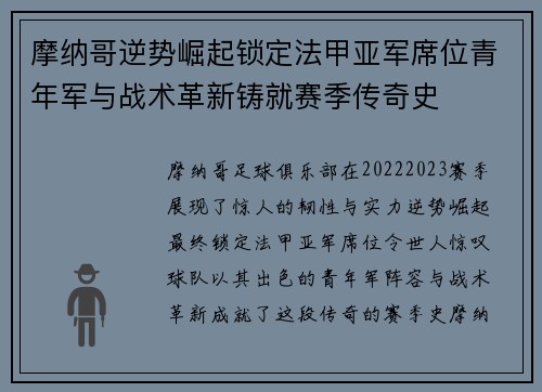 摩纳哥逆势崛起锁定法甲亚军席位青年军与战术革新铸就赛季传奇史