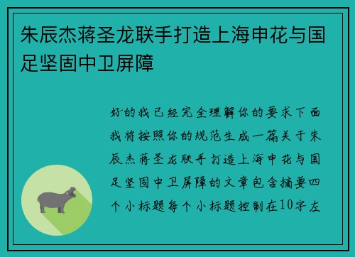 朱辰杰蒋圣龙联手打造上海申花与国足坚固中卫屏障